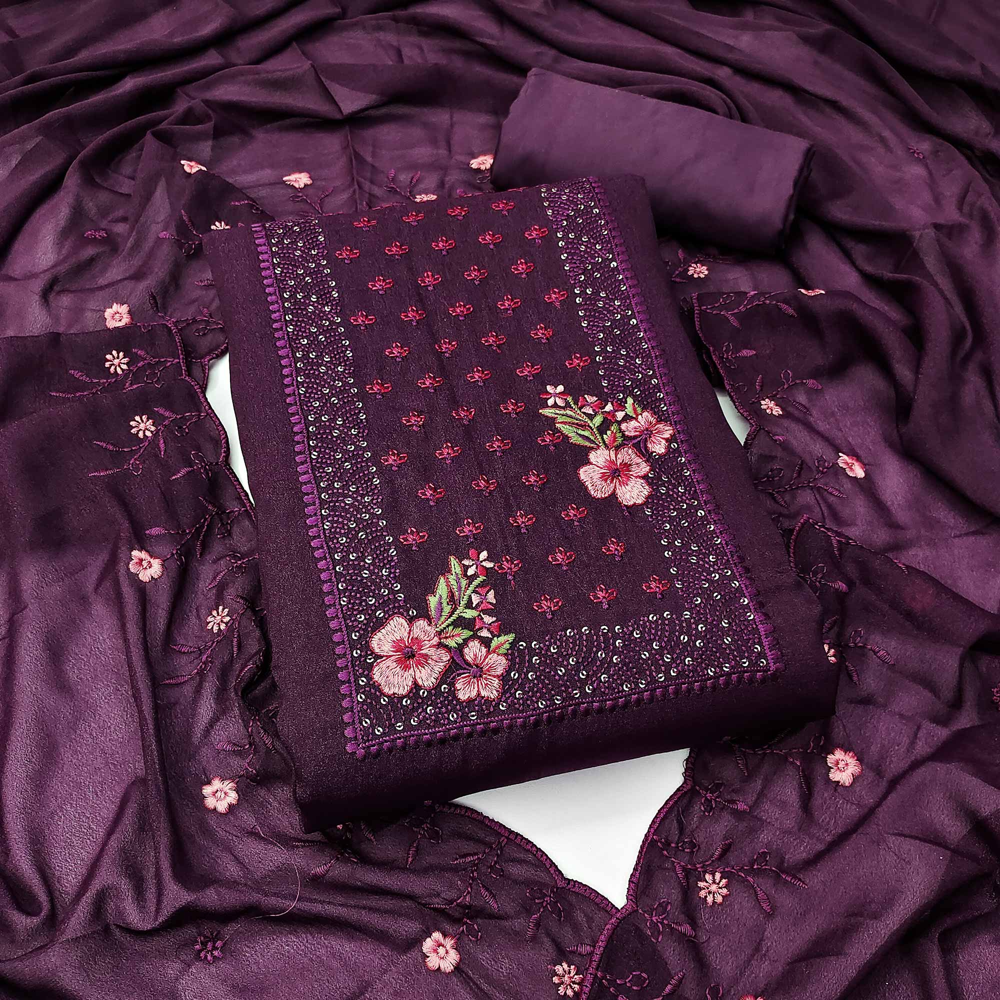 Designer Purple Georgette Fabric with Intricate Floral Embroidery