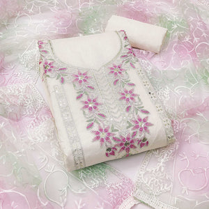White Chanderi Unstitched Dress Material with Floral Embroidery