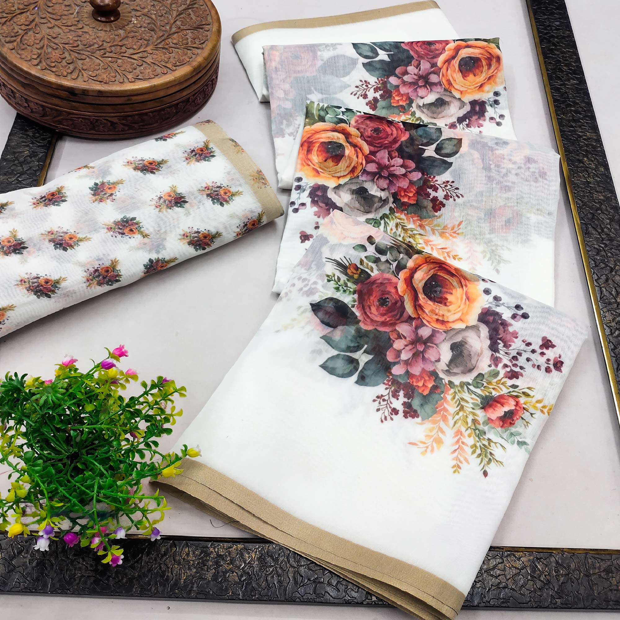 Elegant White Chanderi Saree with Floral Prints