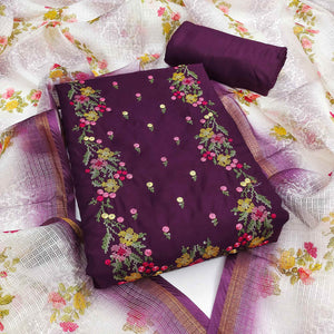 Dark Purple Viscose Dress Material With Floral Embroidered Neckline