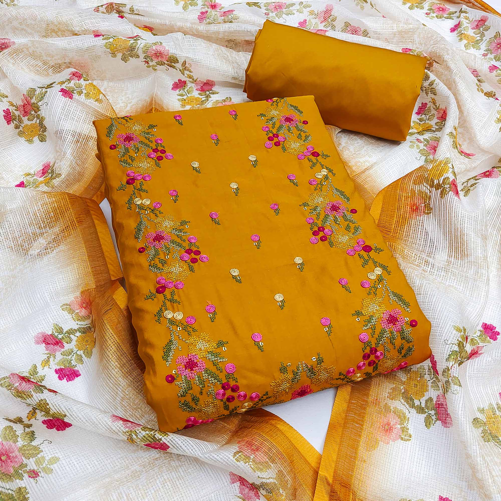 Mustard Viscose Dress Material With Floral Embroidered Neckline