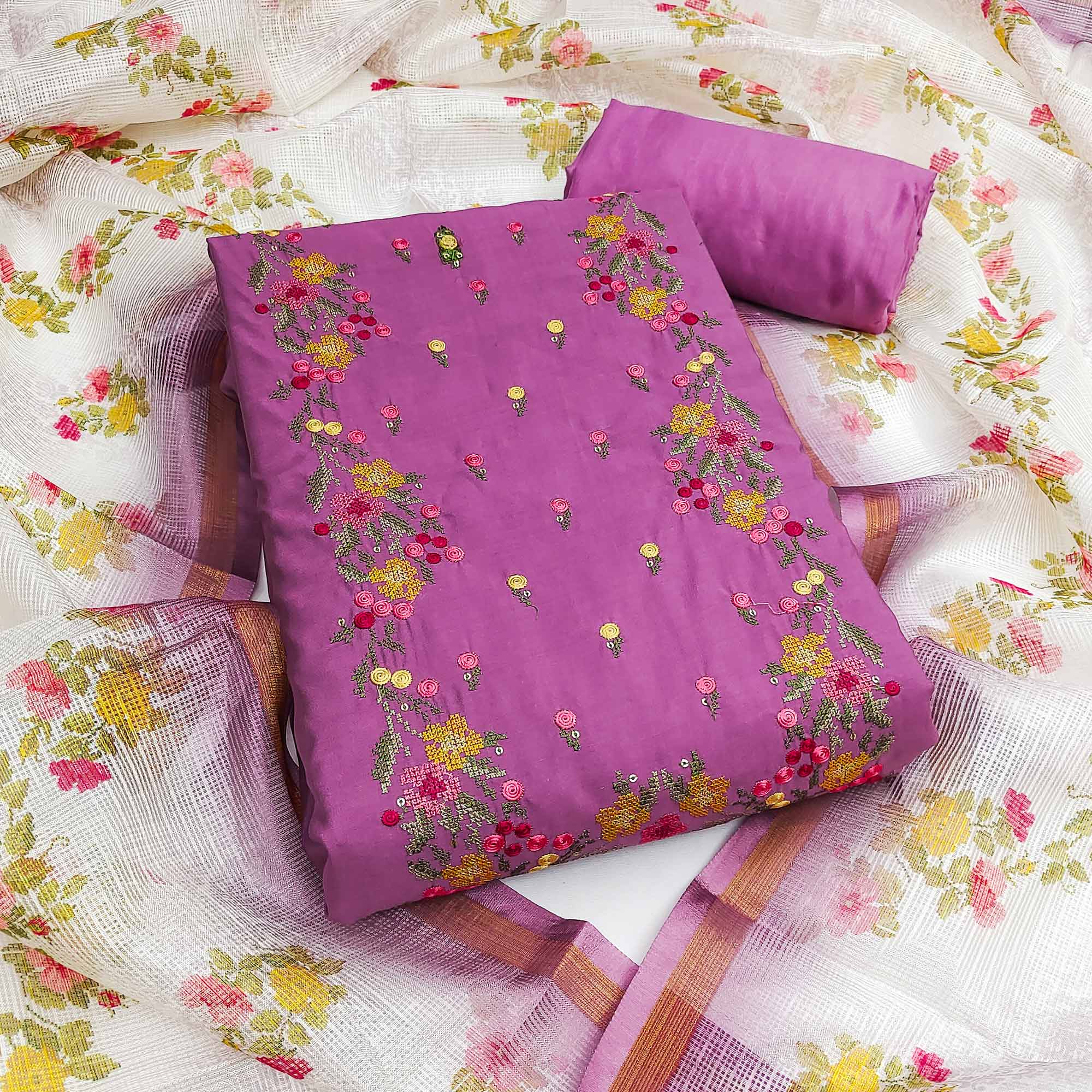 Purpple Viscose Dress Material With Floral Embroidered Neckline