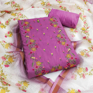 Purpple Viscose Dress Material With Floral Embroidered Neckline