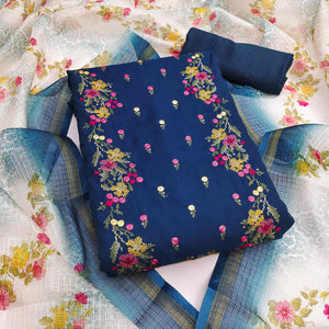 Teal Viscose Dress Material With Floral Embroidered Neckline