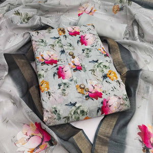 Grey Linen Dress Material With Delicate Floral Print