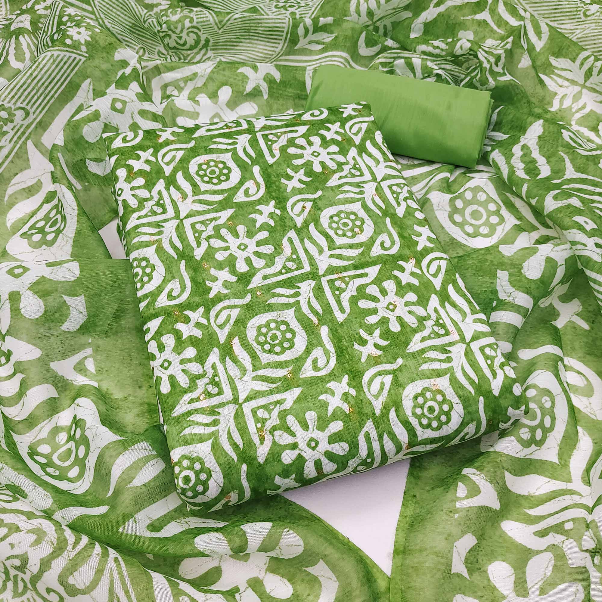 Green Traditional Batik Print on Linen Dress Material