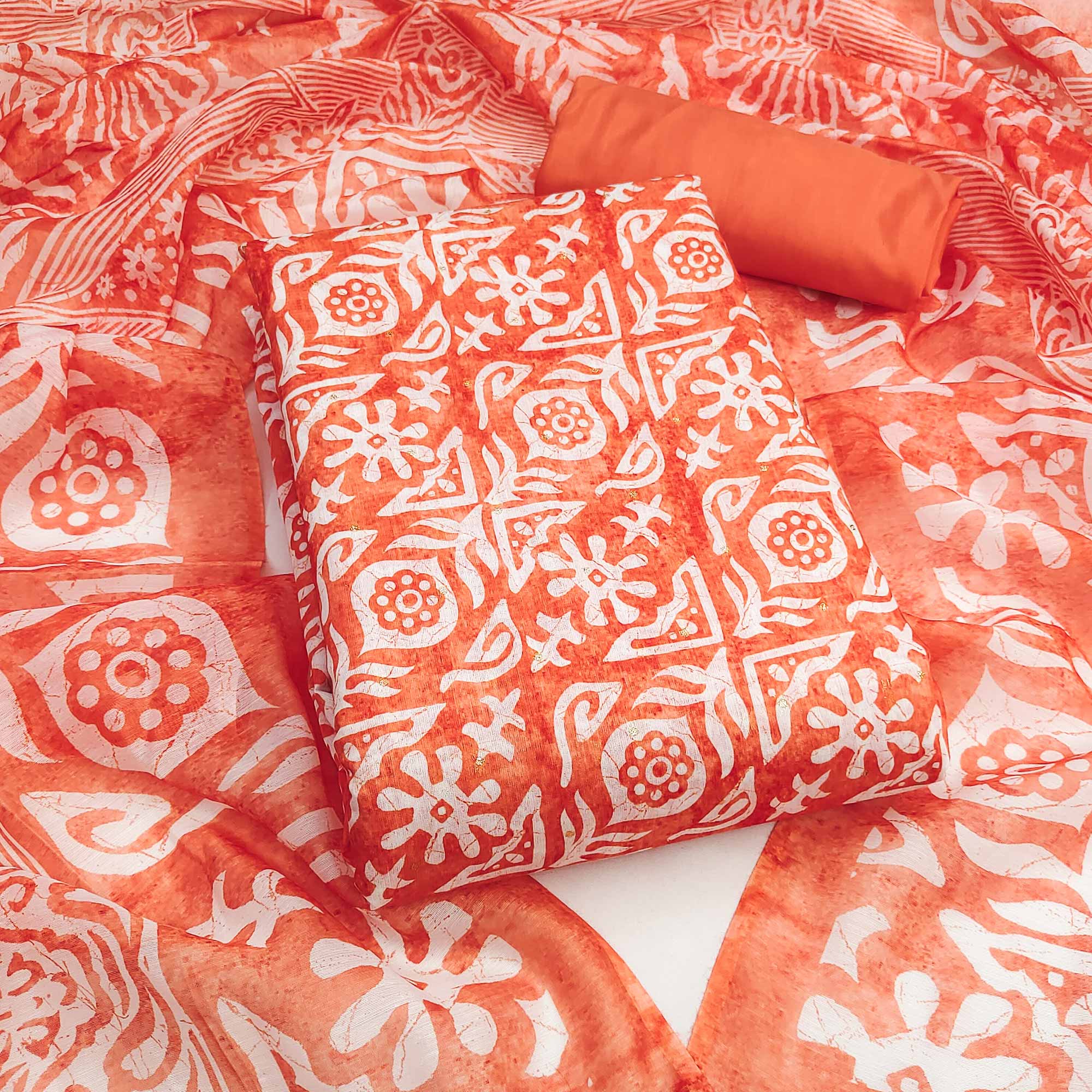 Orange Traditional Batik Print on Linen Dress Material