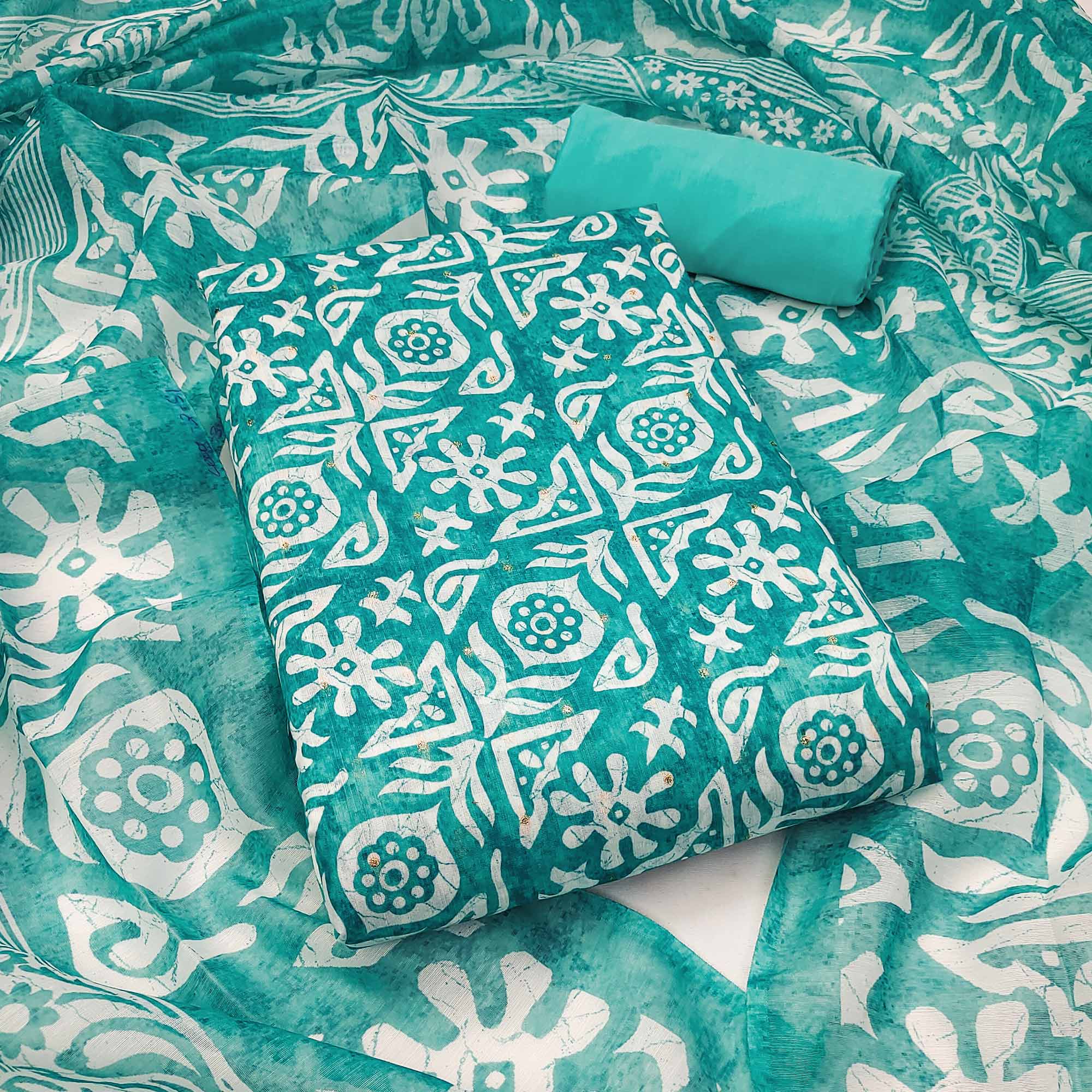 Turquoise Traditional Batik Print on Linen Dress Material