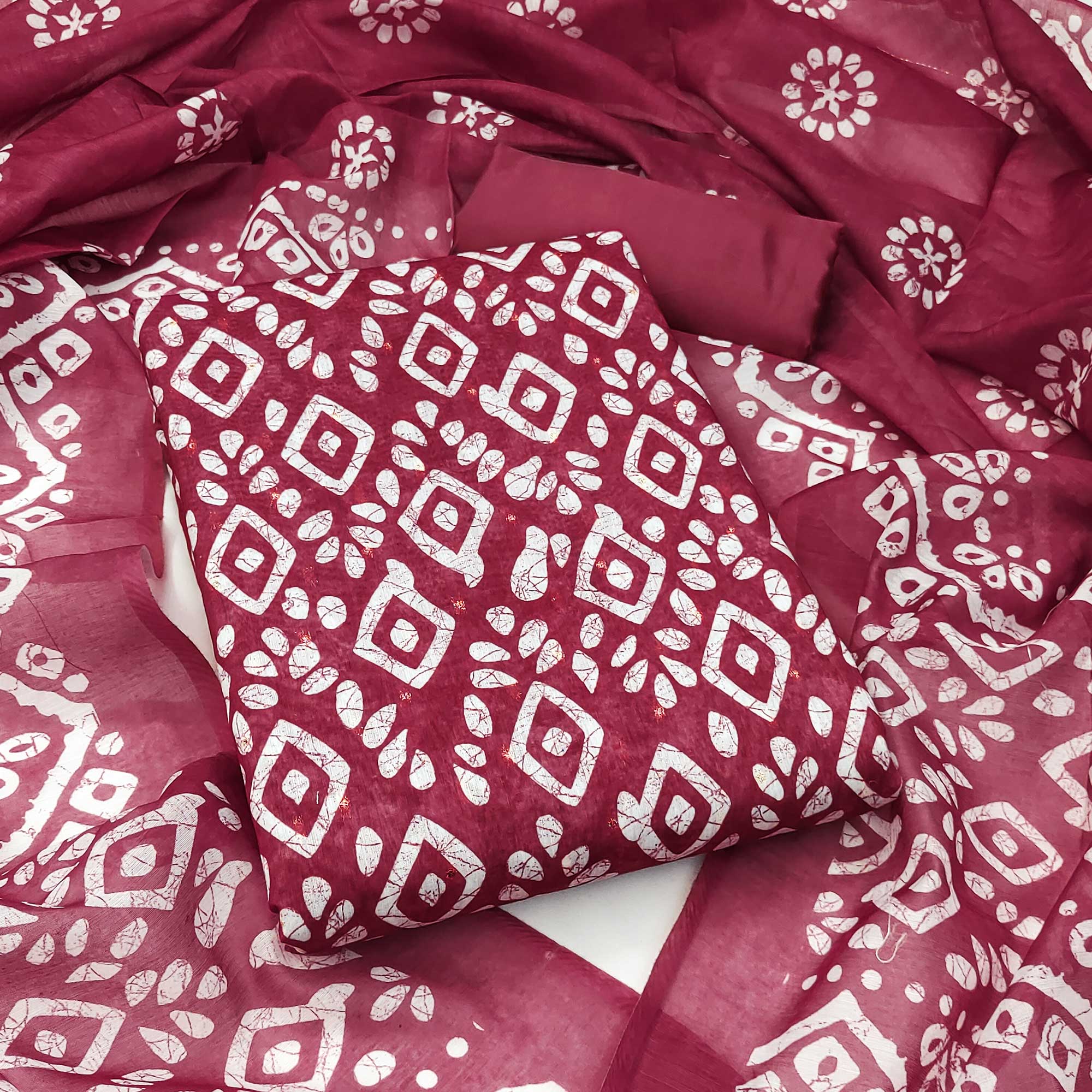 Pink Chanderi Silk Dress Material With Traditional Batik Prints