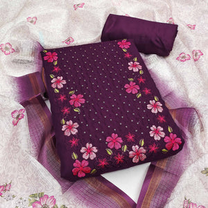 Dark Purple Delicate Floral Embroidery On Luxe Viscose Dress Material