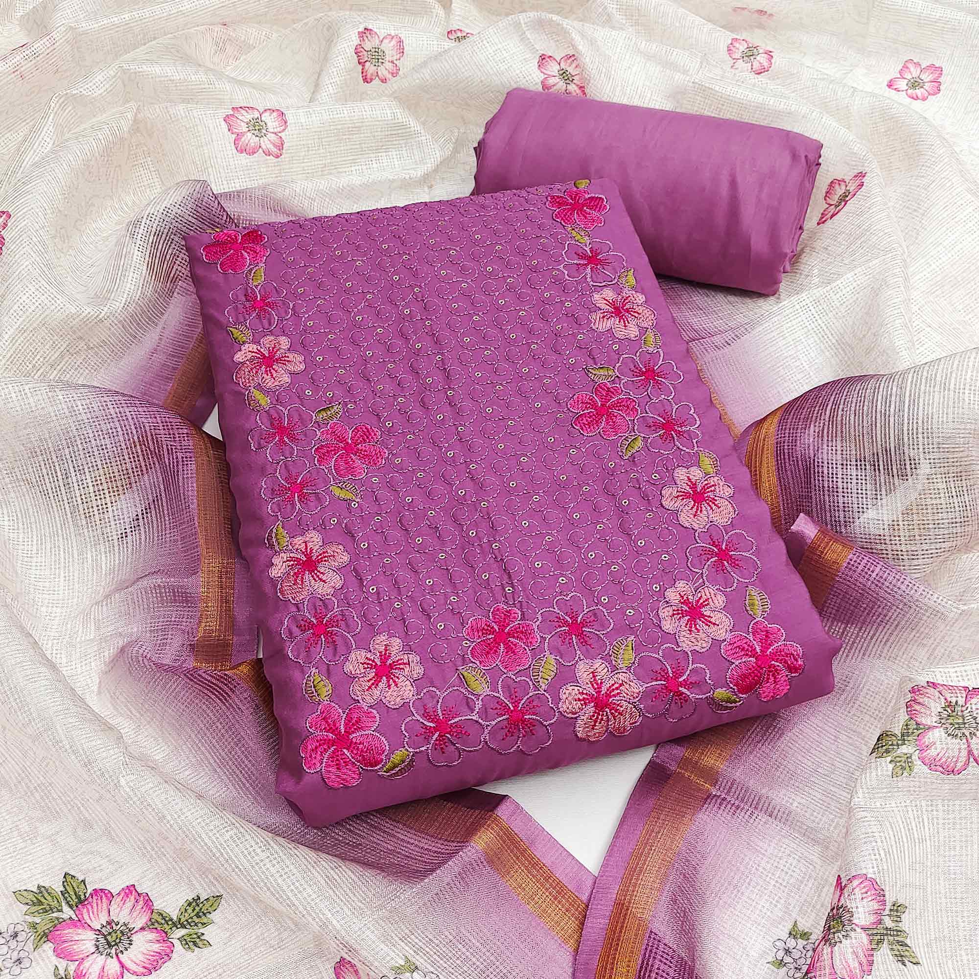 Purple Delicate Floral Embroidery On Luxe Viscose Dress Material