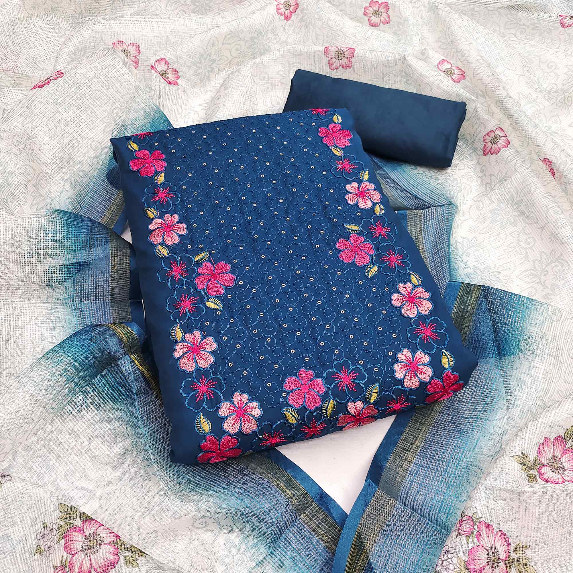 Teal Delicate Floral Embroidery On Luxe Viscose Dress Material