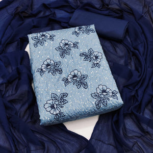 Sky Blue Silk Blend Dress Material with Sequin Embroidery