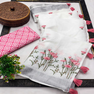 White Pure Linen Saree with Floral Embroidery and Tassel Detailing