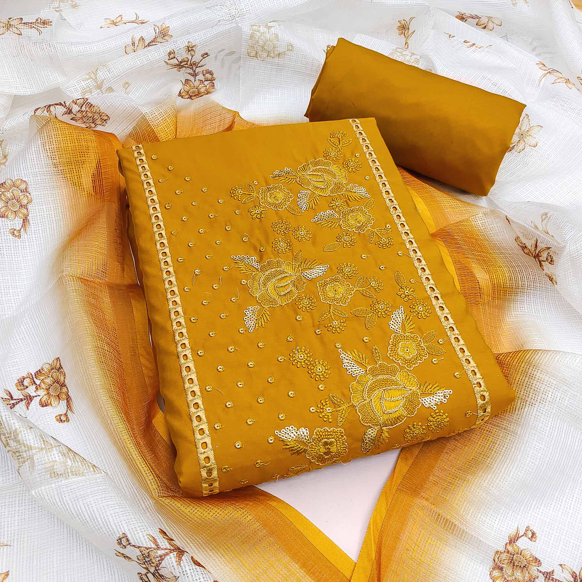Mustard Viscose Dress Material With Stunning Floral Sequin Embroidery