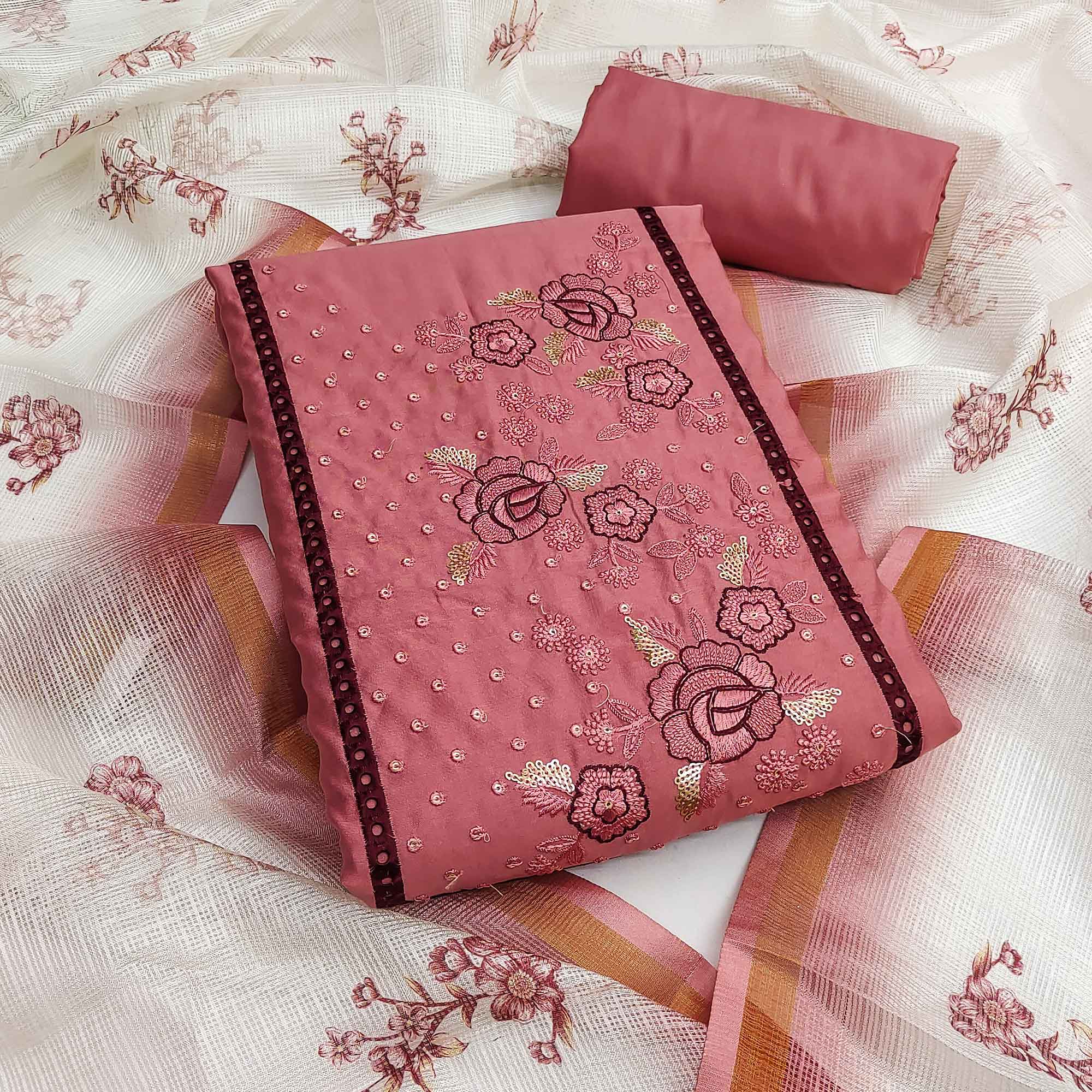 Peach Viscose Dress Material With Stunning Floral Sequin Embroidery