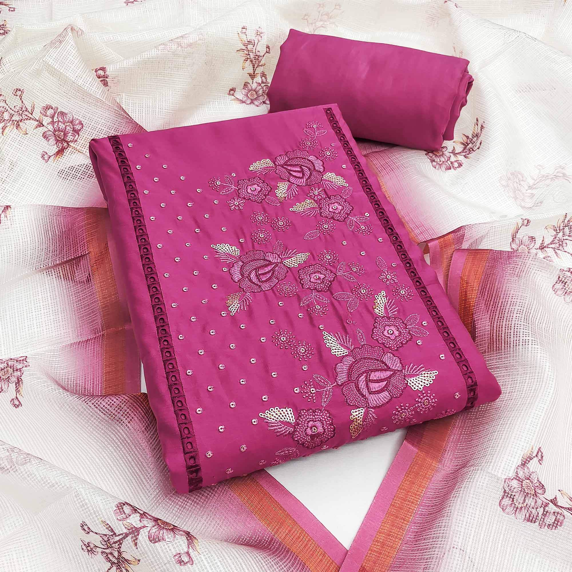 Pink Viscose Dress Material With Stunning Floral Sequin Embroidery