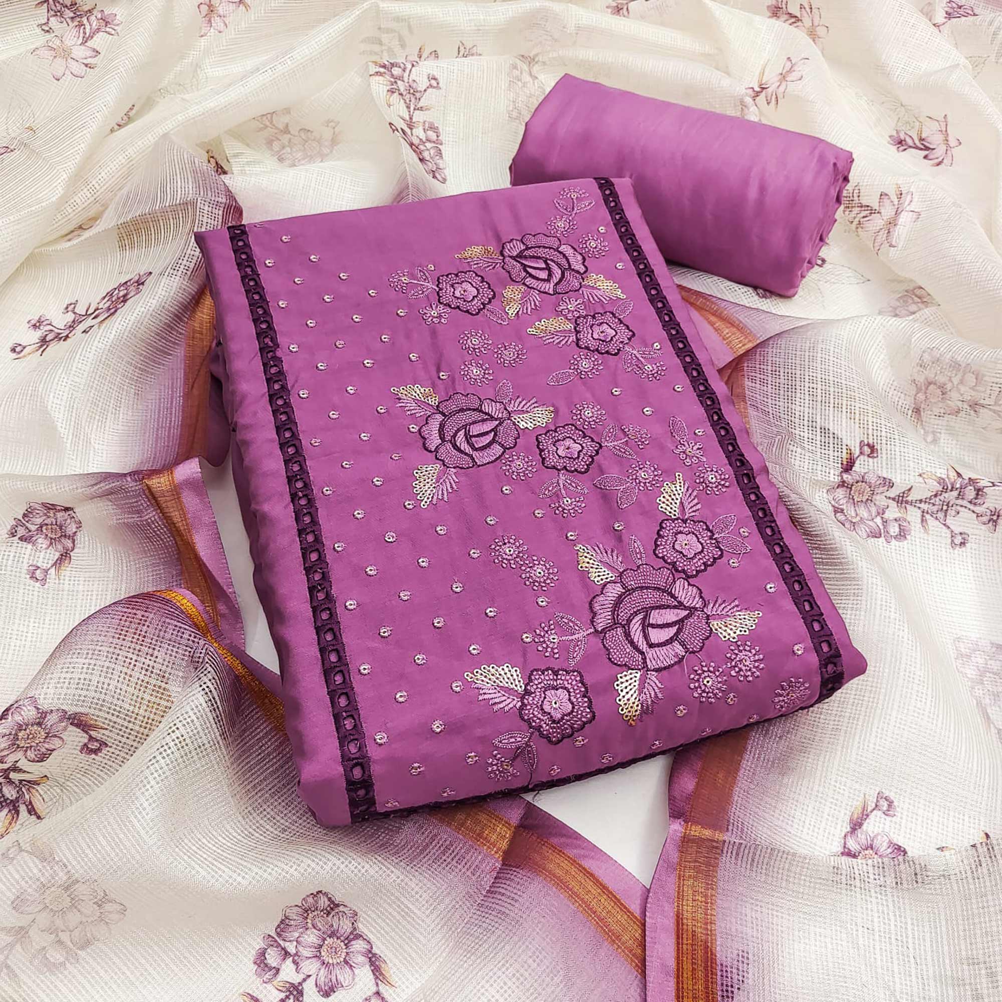 Purple Viscose Dress Material With Stunning Floral Sequin Embroidery