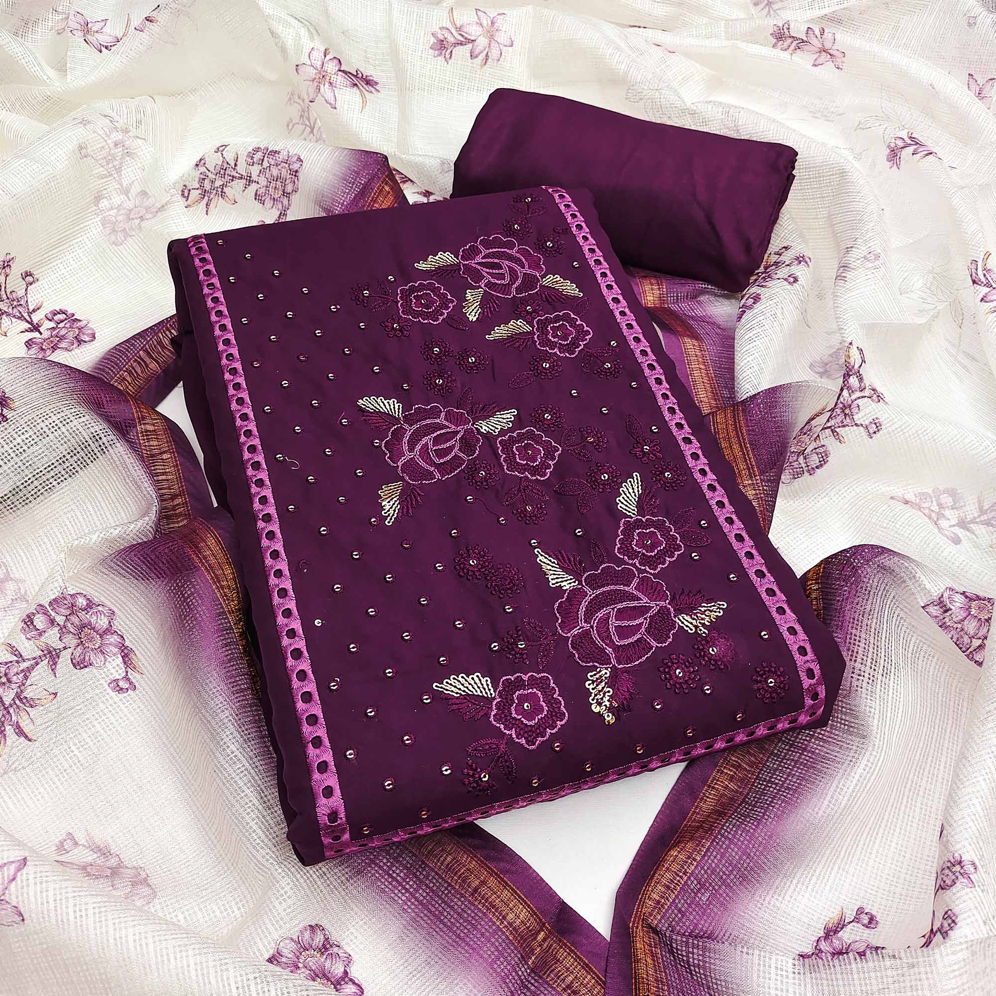 Wine Viscose Dress Material With Stunning Floral Sequin Embroidery