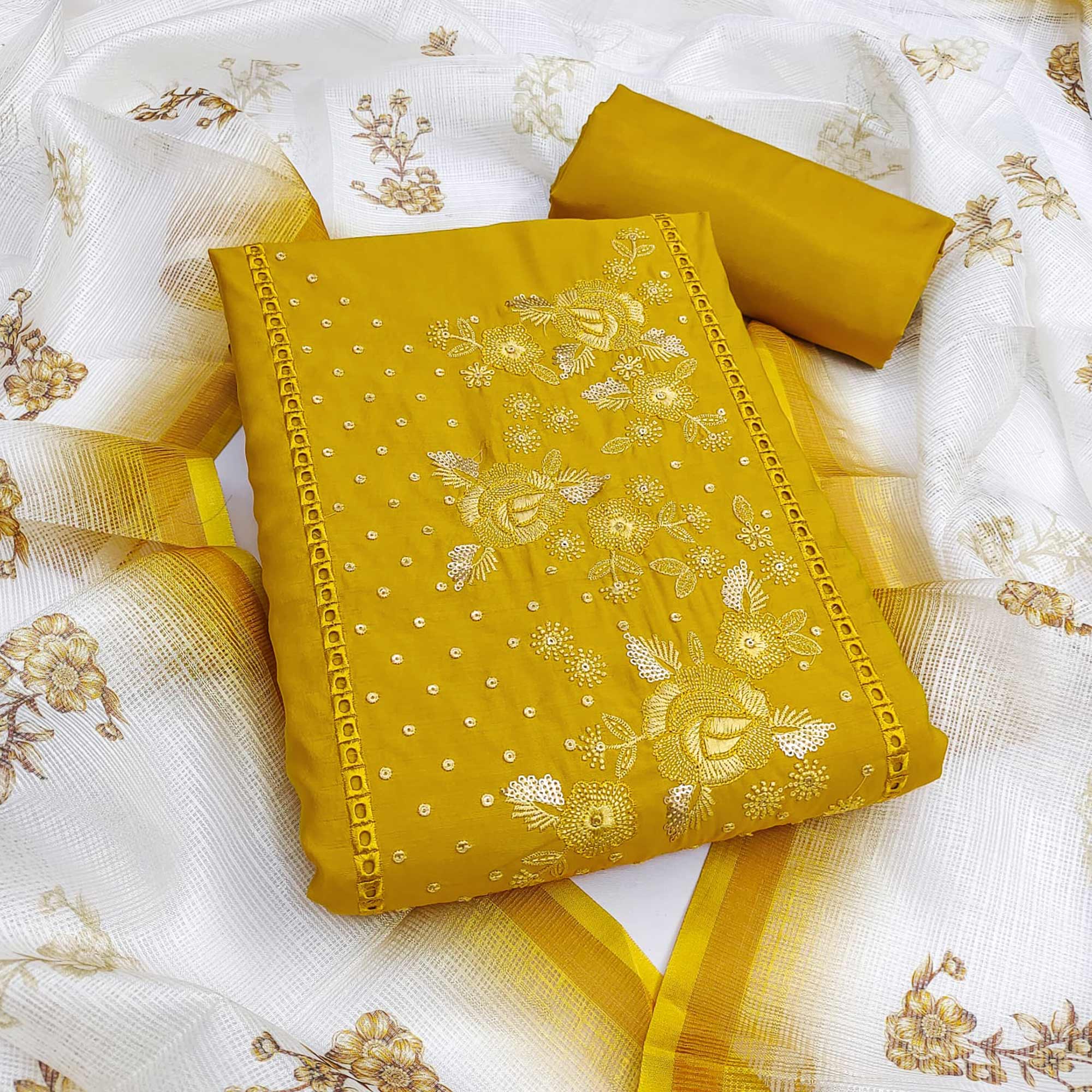 Yellow Viscose Dress Material With Stunning Floral Sequin Embroidery