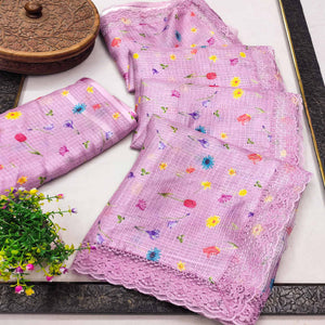 Elegant Pink Floral Kota Doria Saree with Delicate Lace Detailing