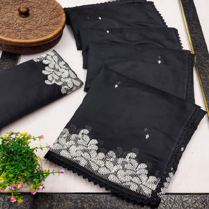 Graceful Black Chanderi Cotton Saree with Intricate Thread Embroidery