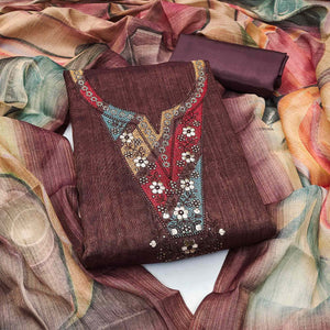 Mauve Art Silk Dress Material with Neck Embroidery