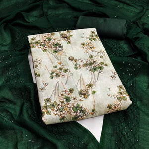 Light Green Delicate Floral Print Linen Fabric Dress Material