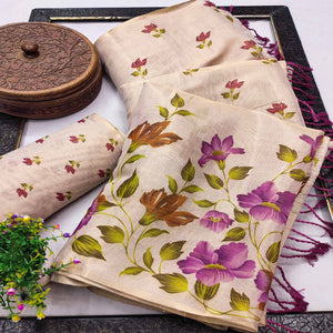 Chikoo Floral Art Silk Saree with Elegant Print