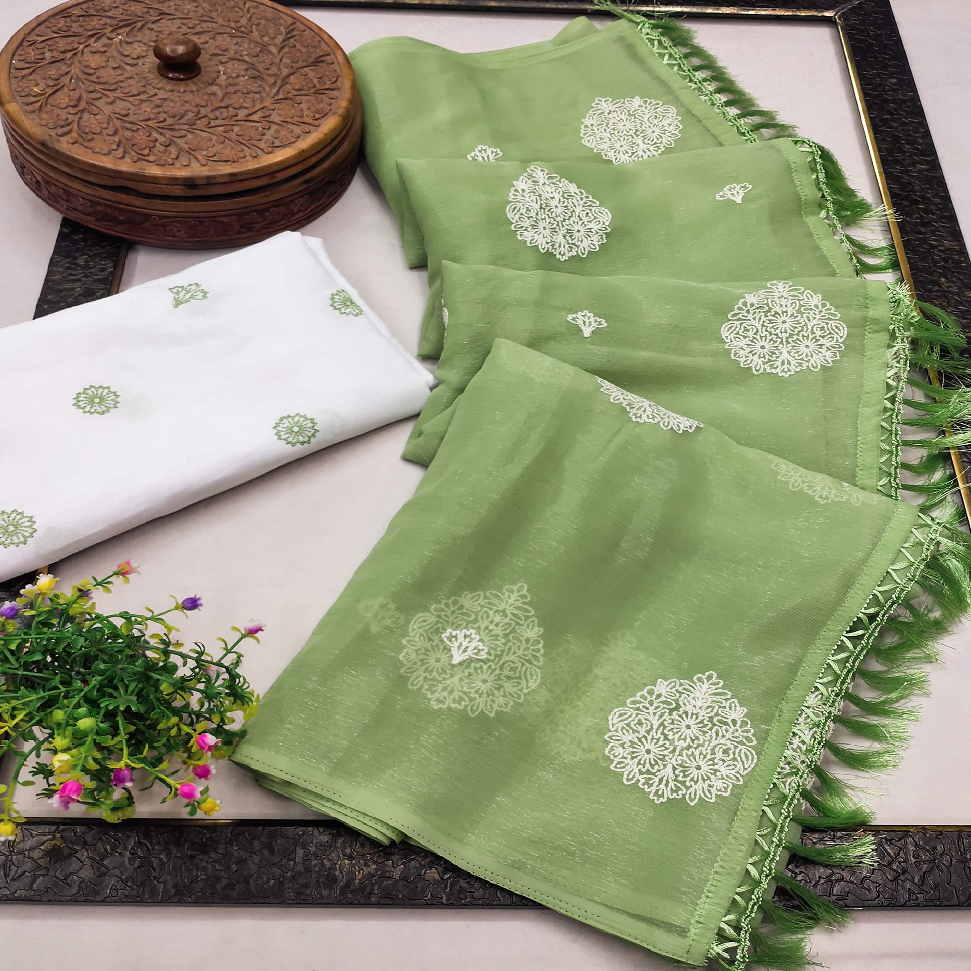 Green Embroidered Chiffon Saree With Elegant Tassel Borders