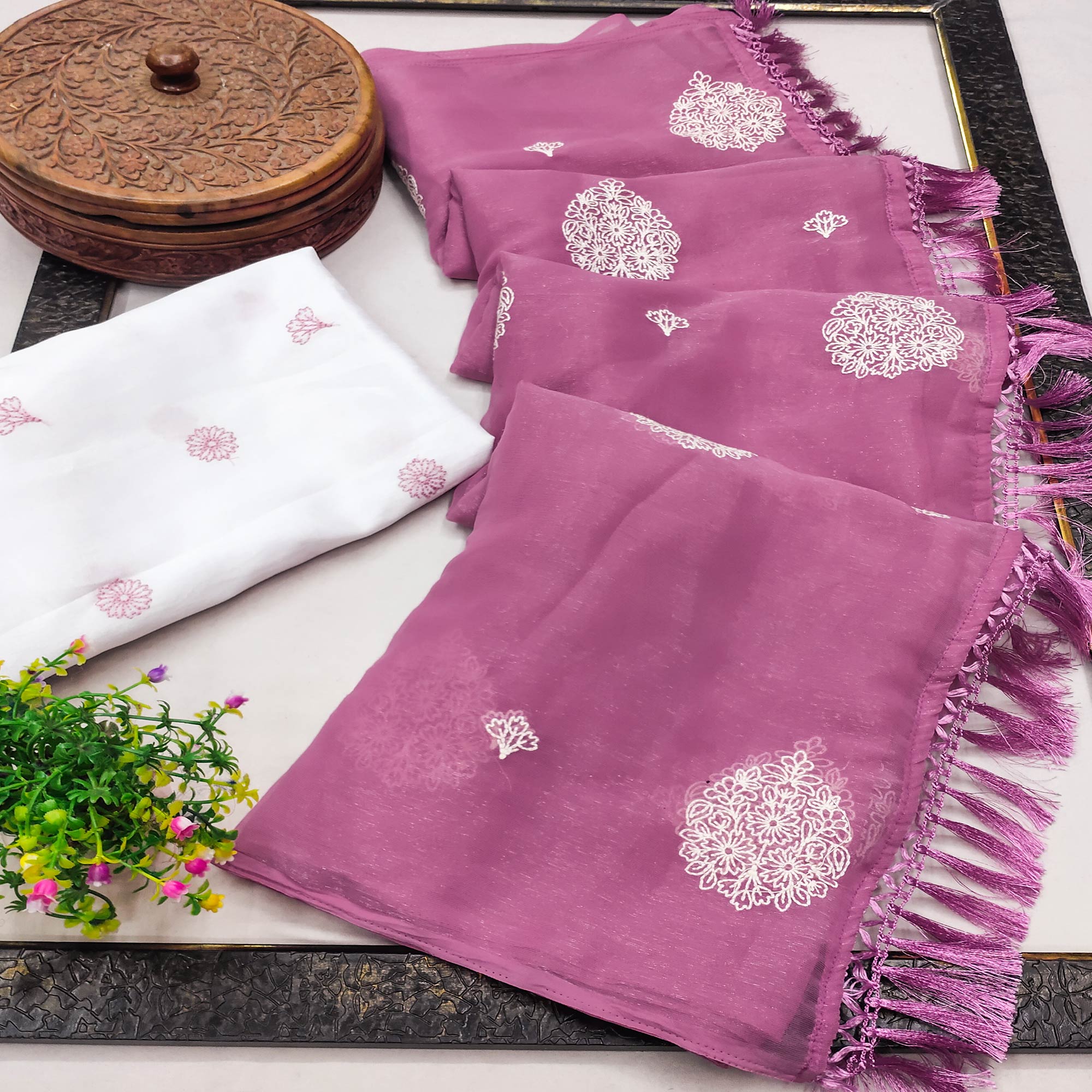 Pink Embroidered Chiffon Saree With Elegant Tassel Borders