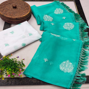Turquoise Embroidered Chiffon Saree With Elegant Tassel Borders