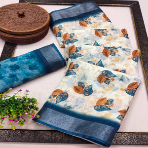 Off-White Linen Printed Saree Adorned with Florals and Subtle Zari Trim