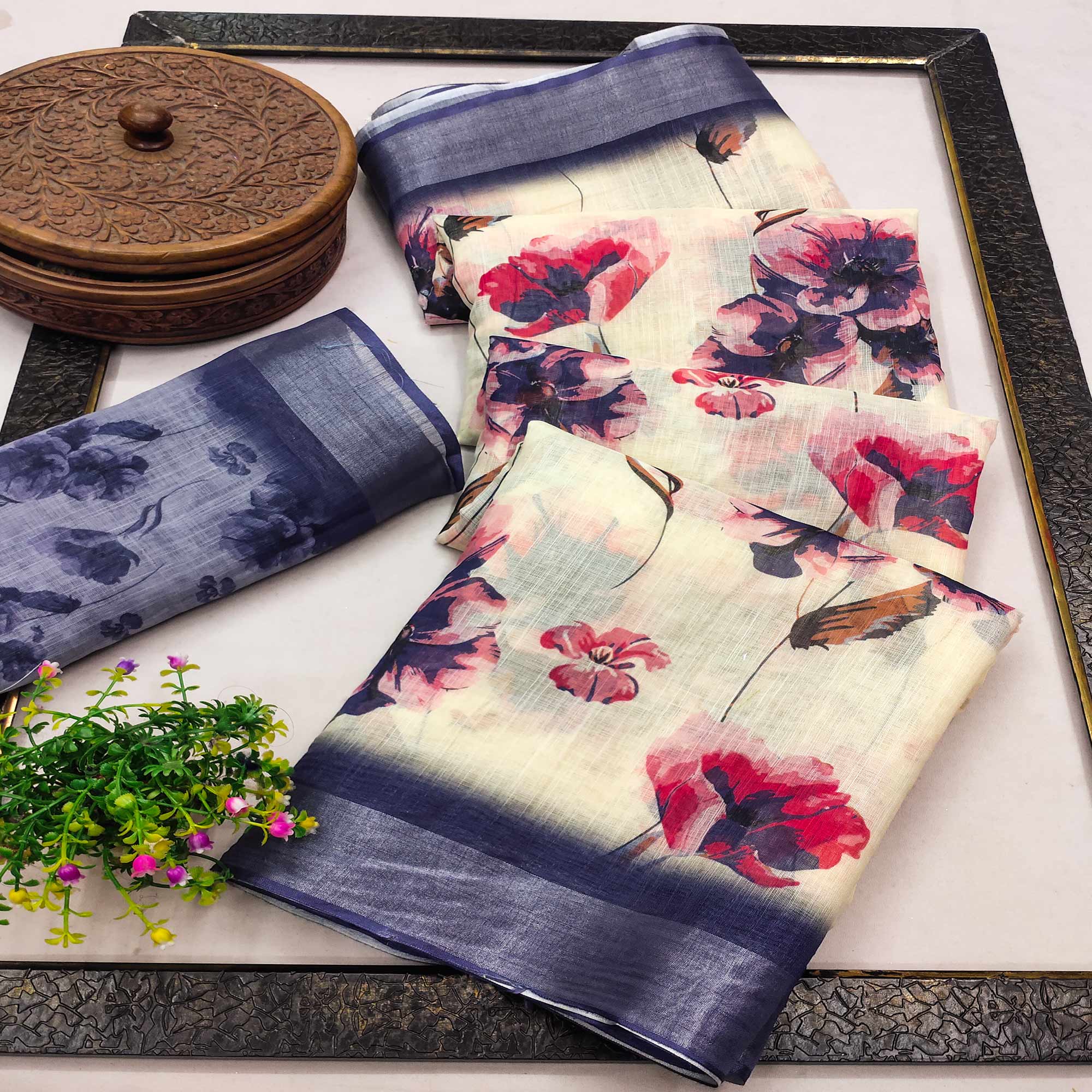 Cream Linen Printed Saree Adorned with Florals and Subtle Zari Trim