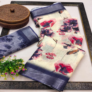 Cream Linen Printed Saree Adorned with Florals and Subtle Zari Trim