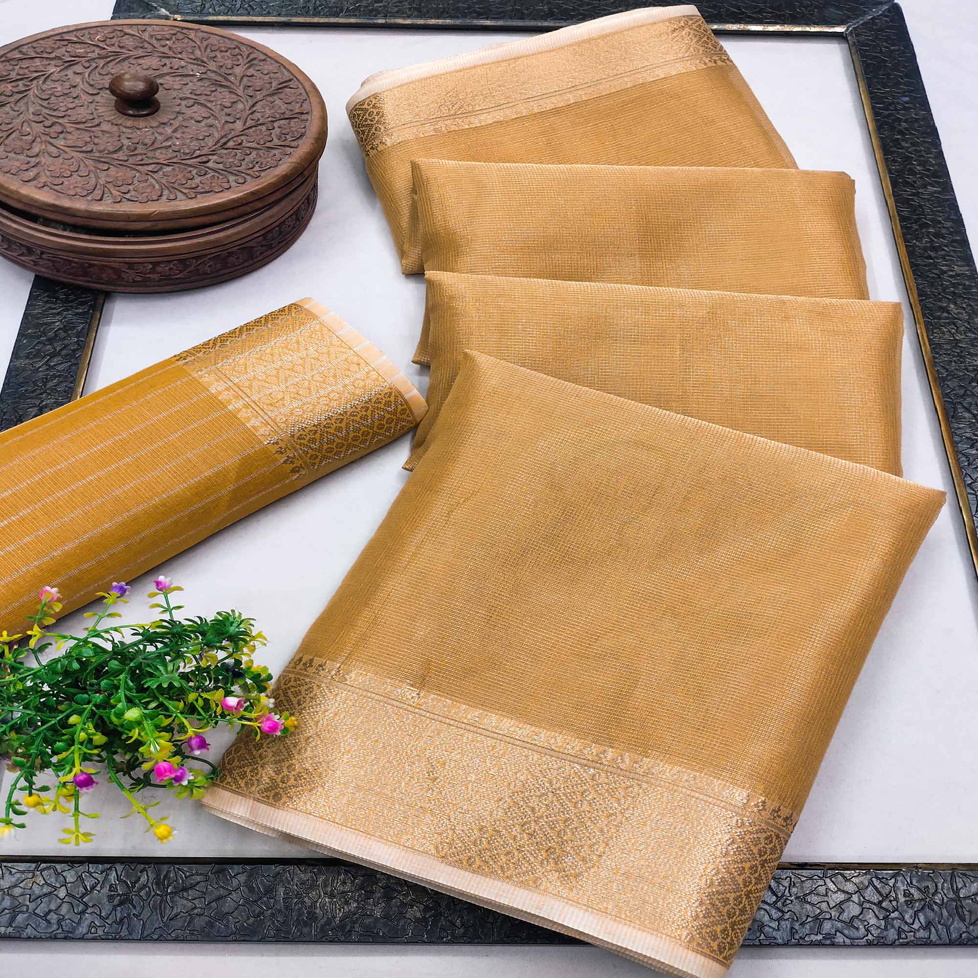 Subtle Solid Beige Kota Doria Saree with Traditional Zari Weaving Edging