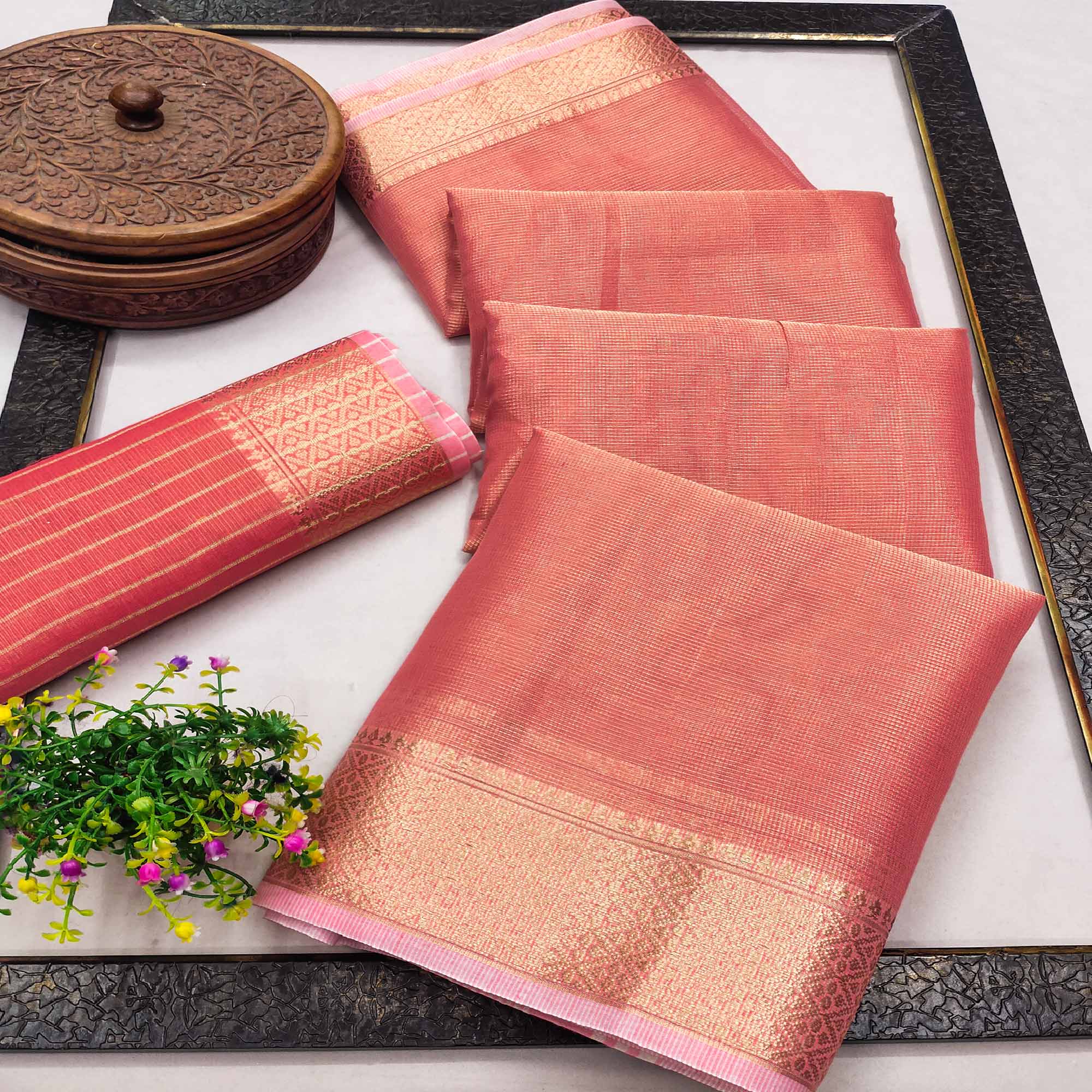 Subtle Solid Peach Kota Doria Saree with Traditional Zari Weaving Edging