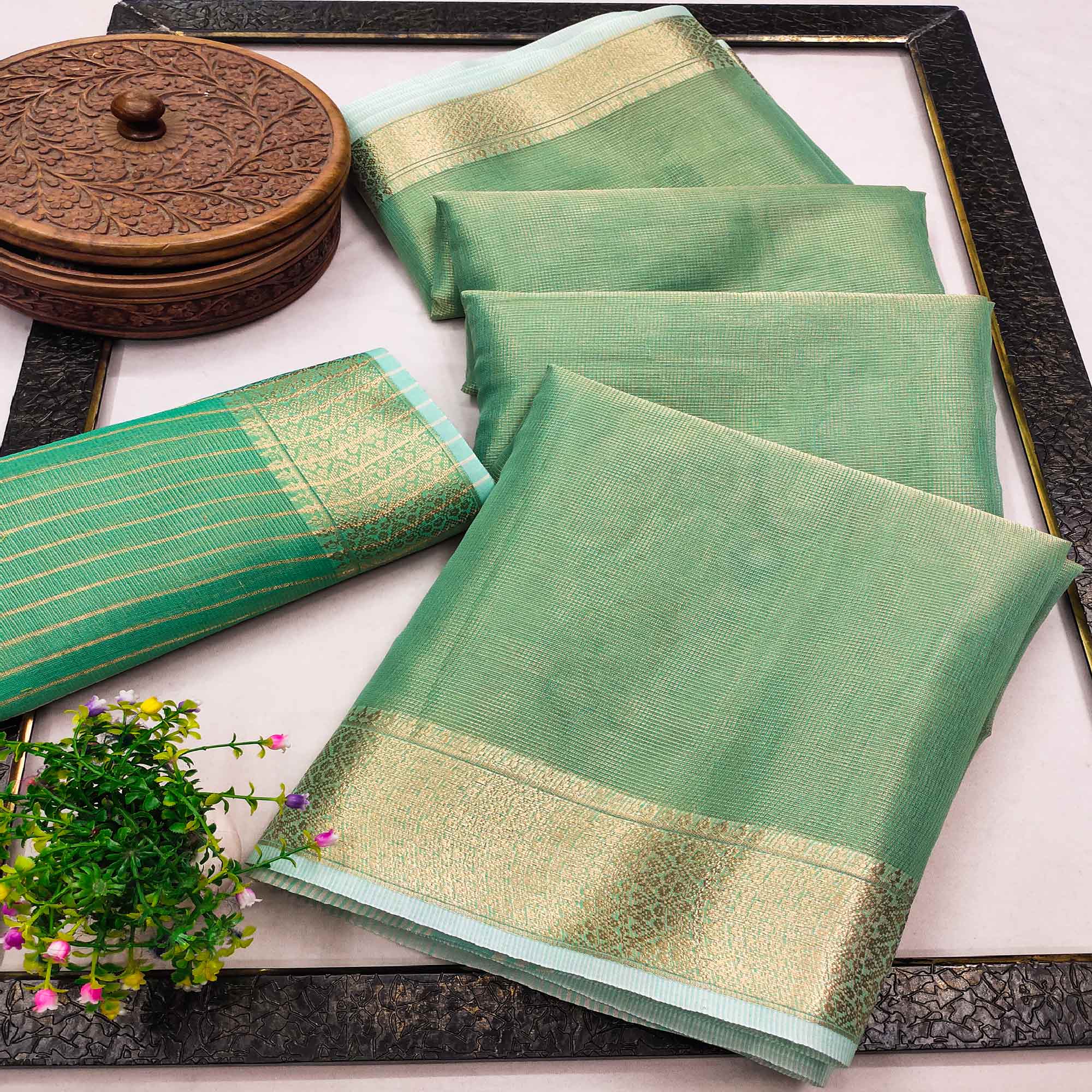 Subtle Solid Sea Green Kota Doria Saree with Traditional Zari Weaving Edging