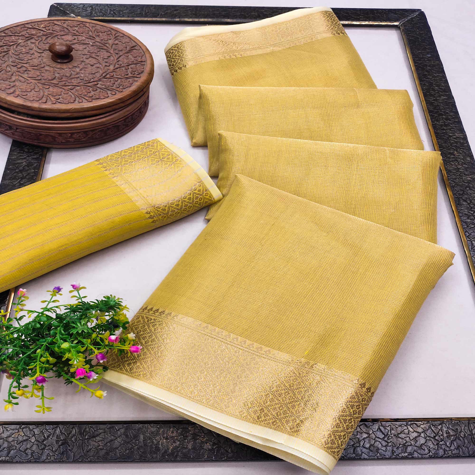 Subtle Solid Yellow Kota Doria Saree with Traditional Zari Weaving Edging