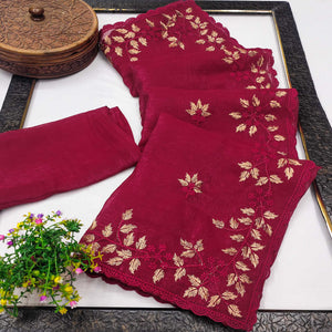 Dark Pink Sheer Organza Saree Adorned with Floral Embroidery