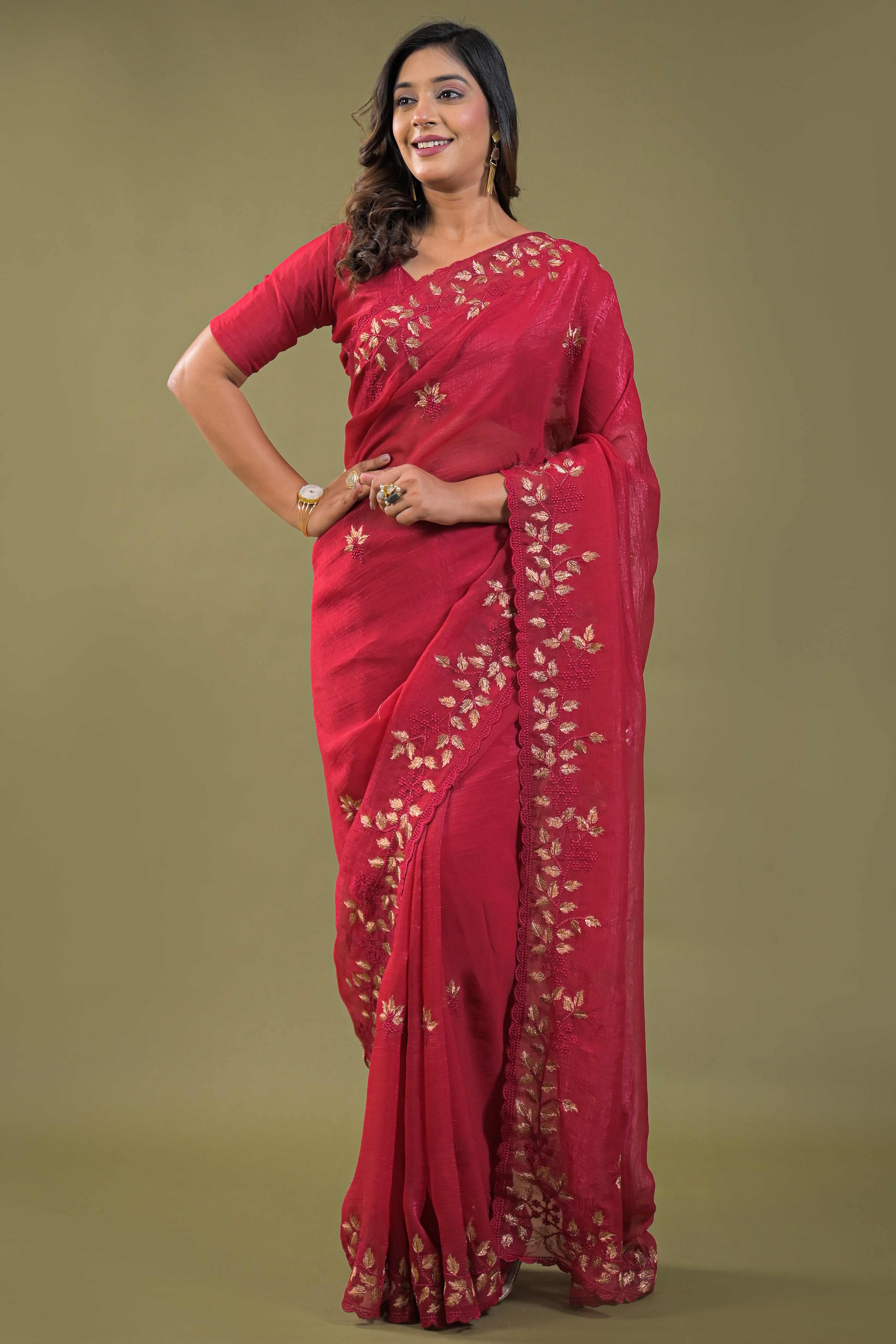 Dark Pink Sheer Organza Saree Adorned with Floral Embroidery