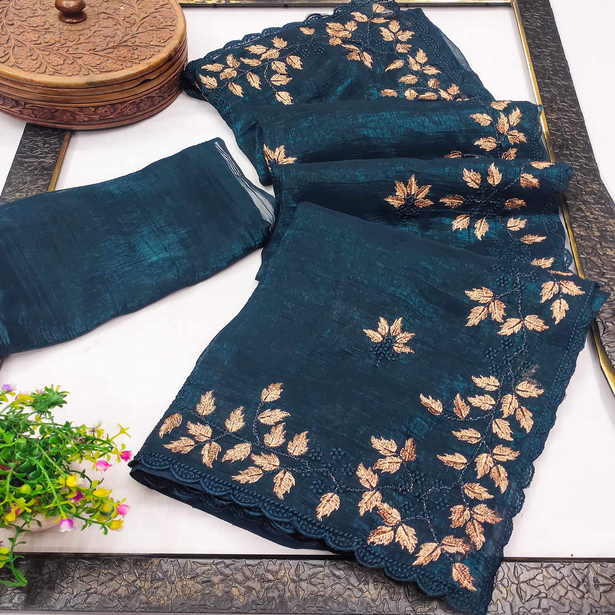 Dark Teal Sheer Organza Saree Adorned with Floral Embroidery