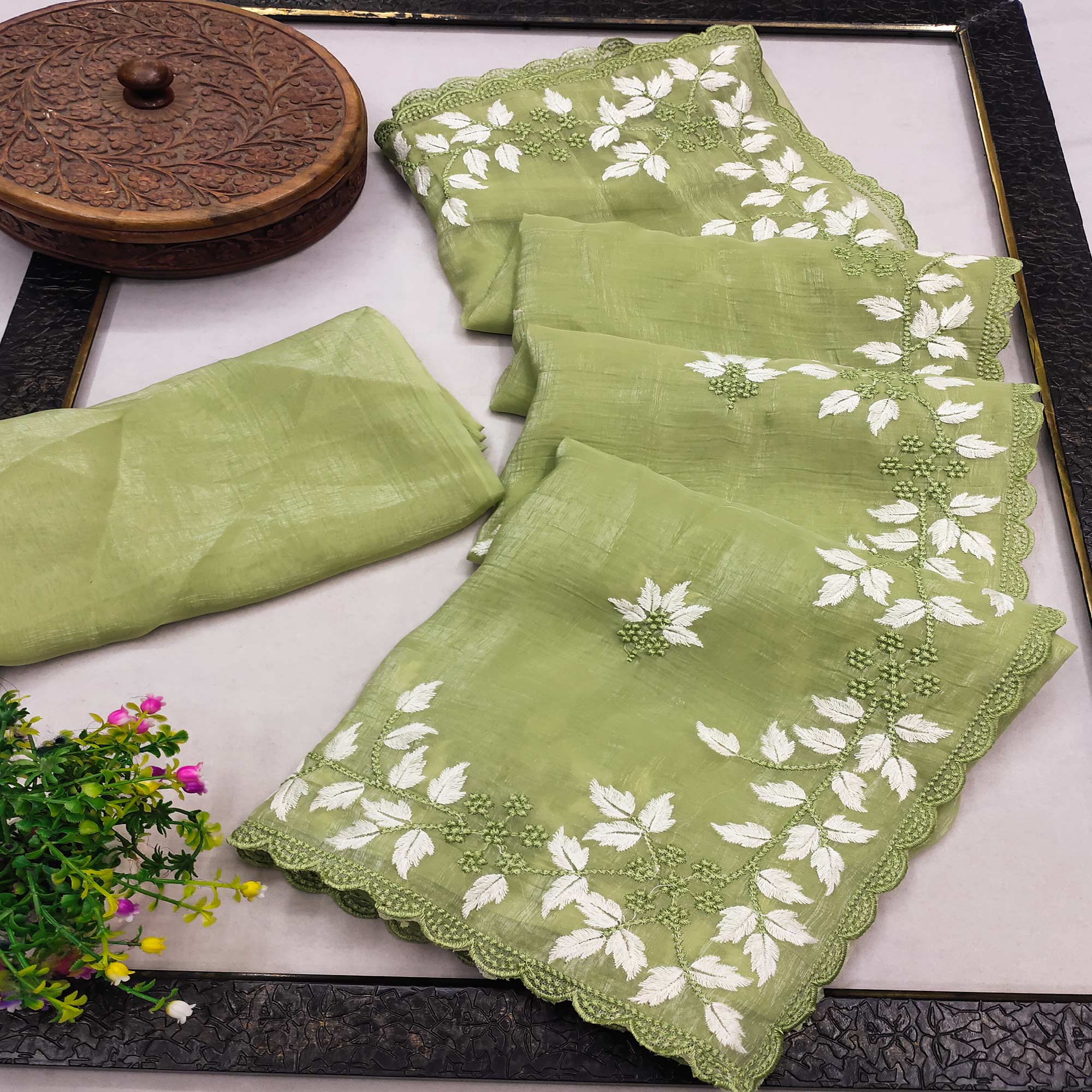 Chic Green Organza Saree Featuring Fine Floral Embroidery
