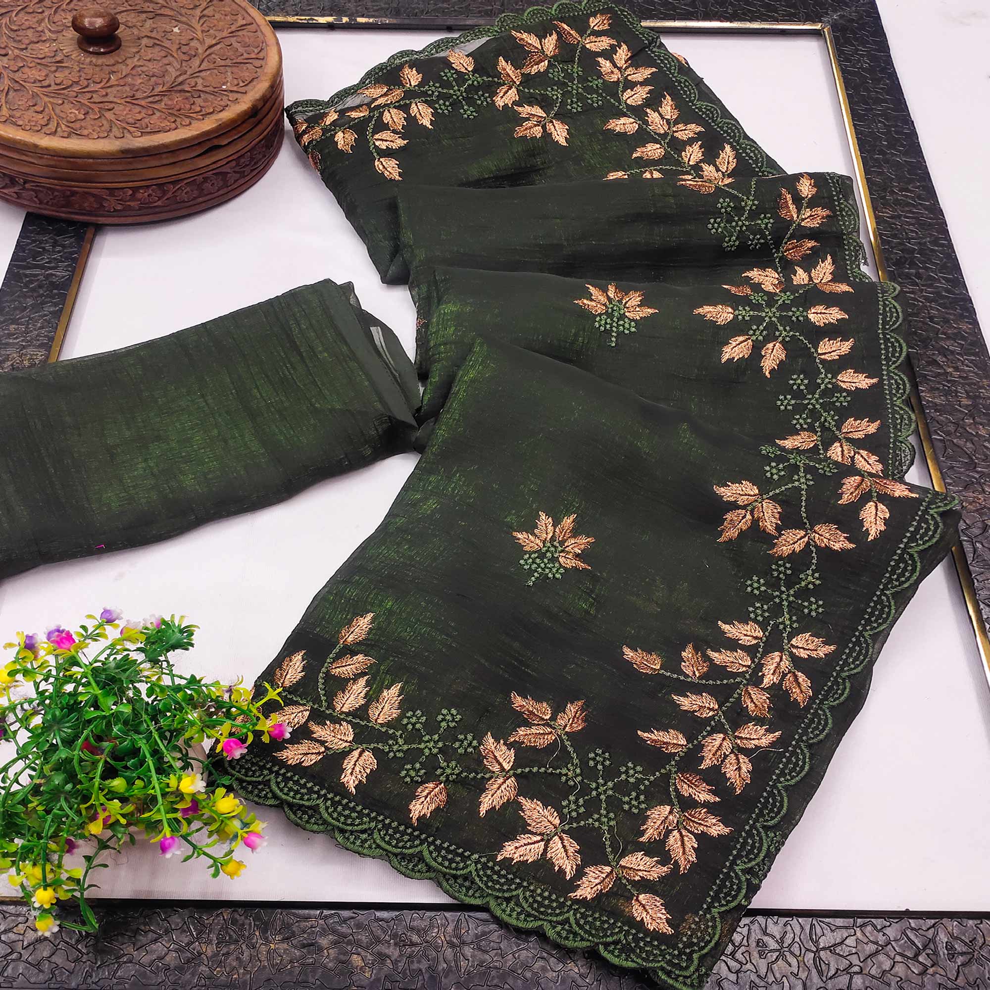 Mehendi Green Sheer Organza Saree Adorned with Floral Embroidery