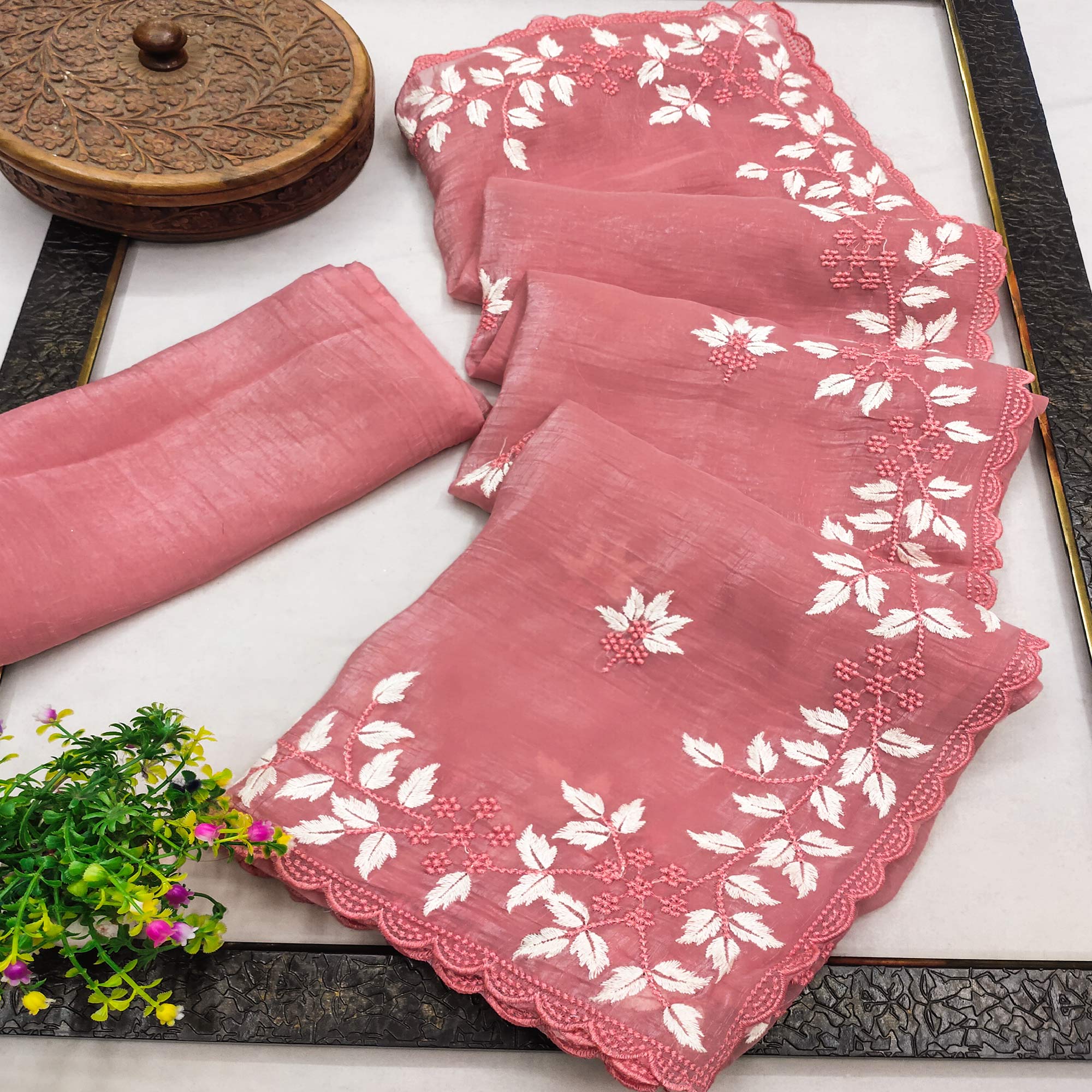 Peach Organza Saree Featuring Fine Floral Embroidery