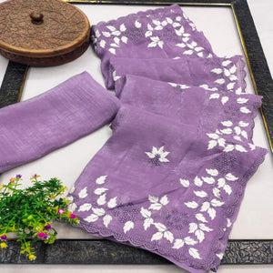 Purple Organza Saree Featuring Fine Floral Embroidery