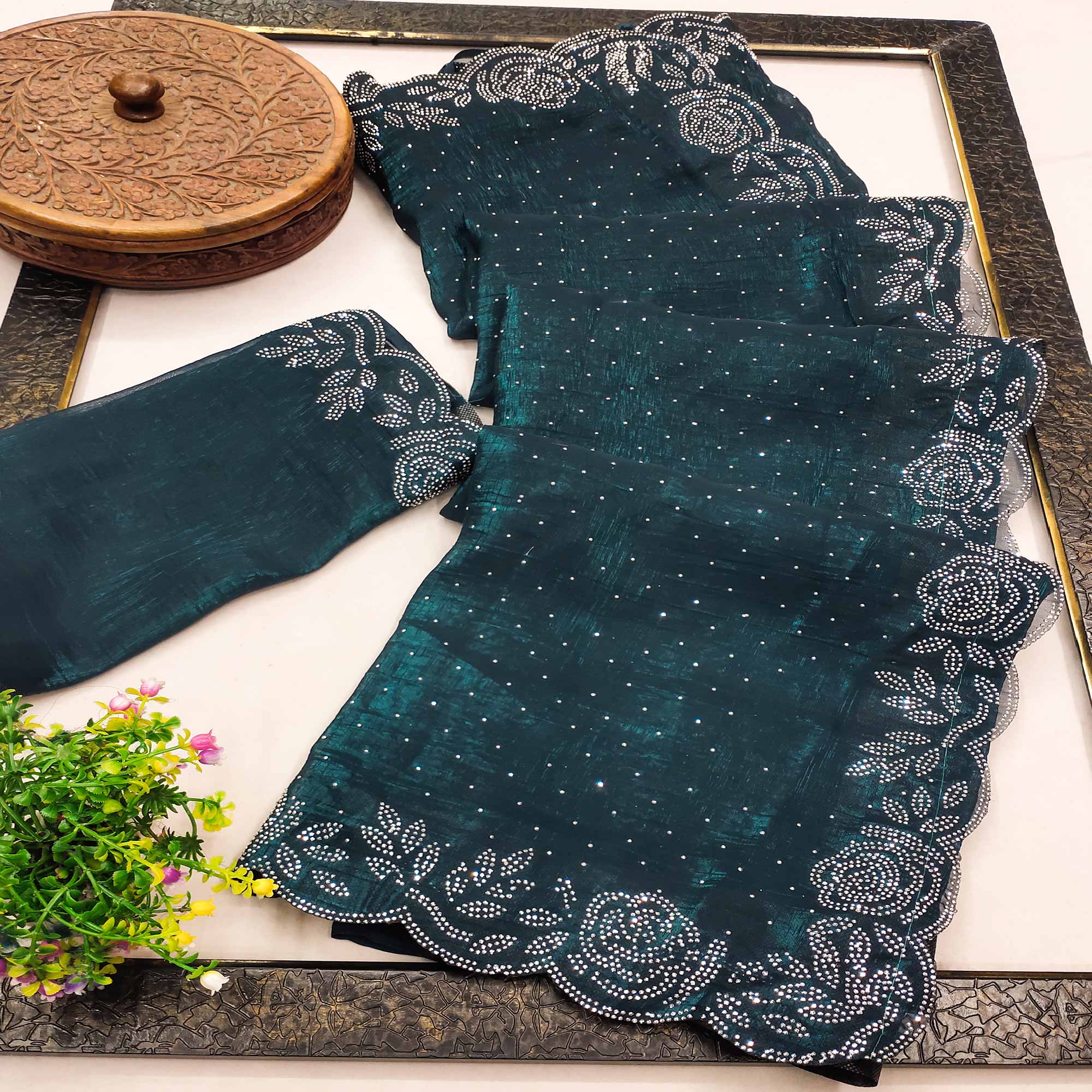 Morpich Green Embellished Organza Saree with Shimmering Stone Details