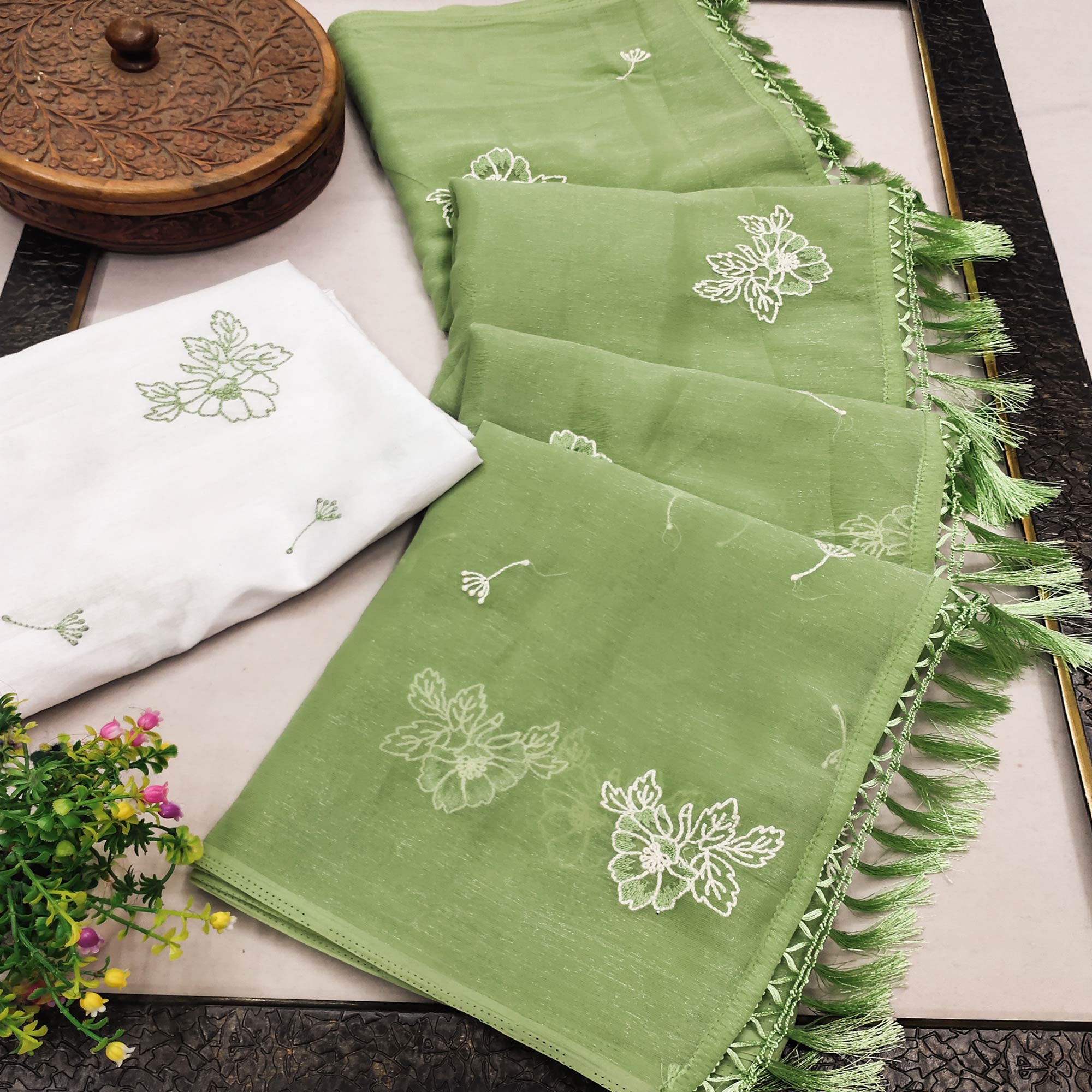 Designer Green Chiffon Saree with Intricate Floral Embroidery