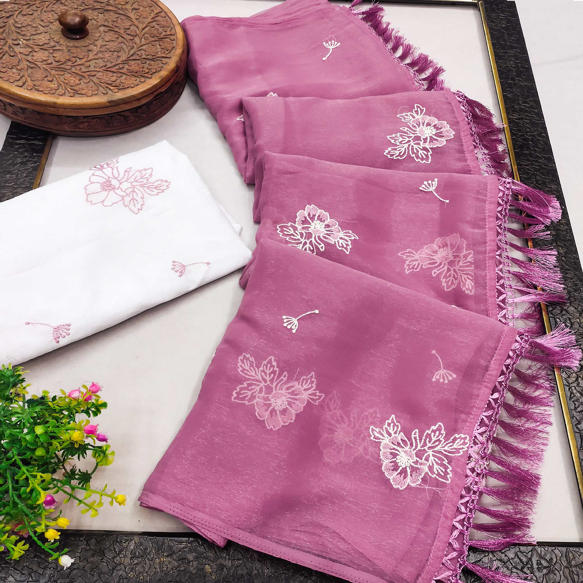 Designer Pink Chiffon Saree with Intricate Floral Embroidery