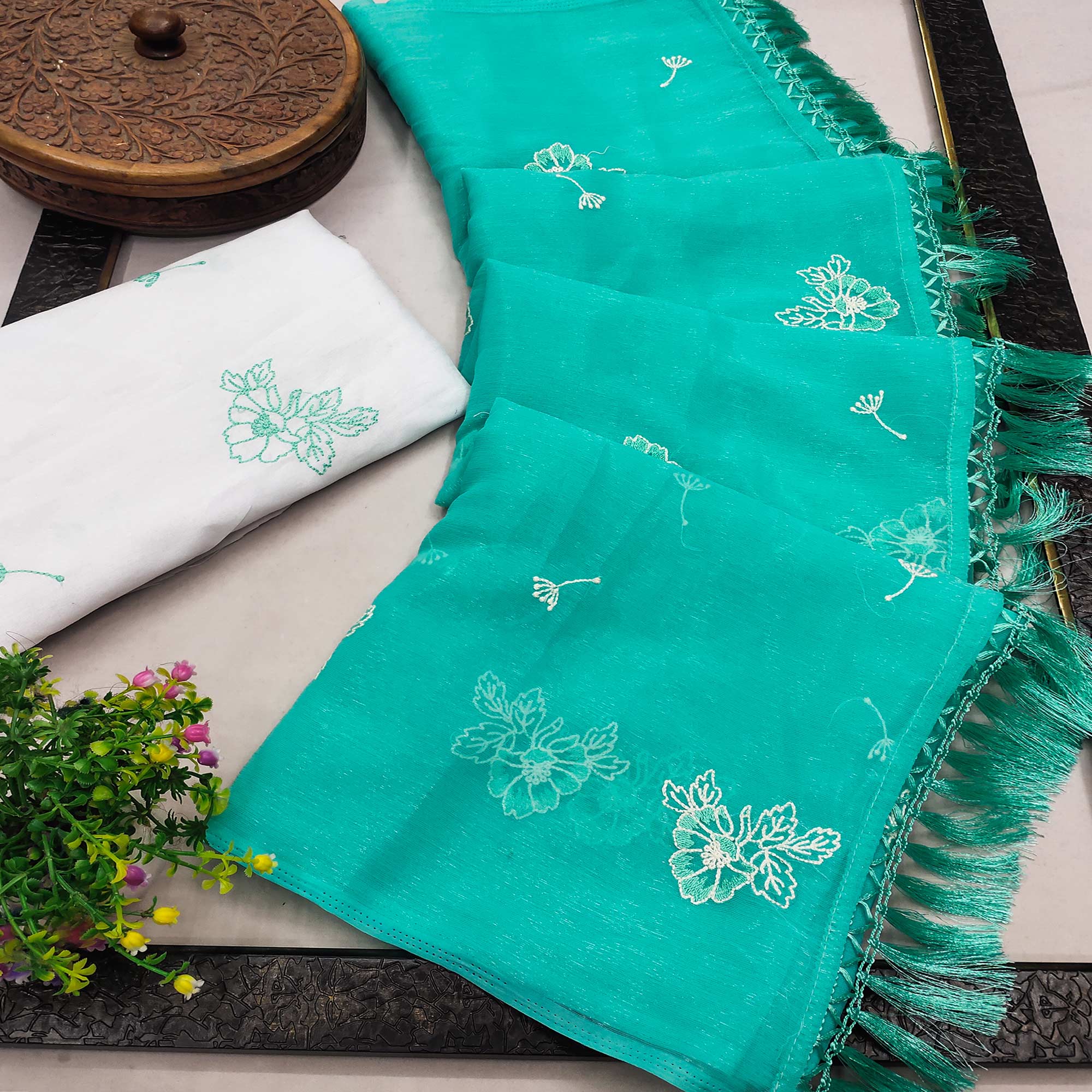 Designer Turquoise Chiffon Saree with Intricate Floral Embroidery